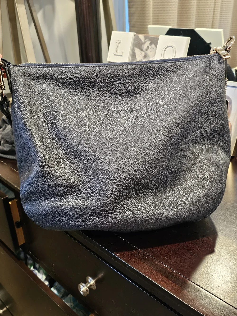 Classic Navy Leather Hobo Bag Pebbled Learher with Gold Turn-Lock